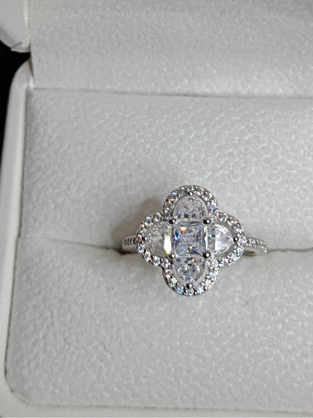 Sterling Silver Tone White Halo Clover Cz Engagement Ring